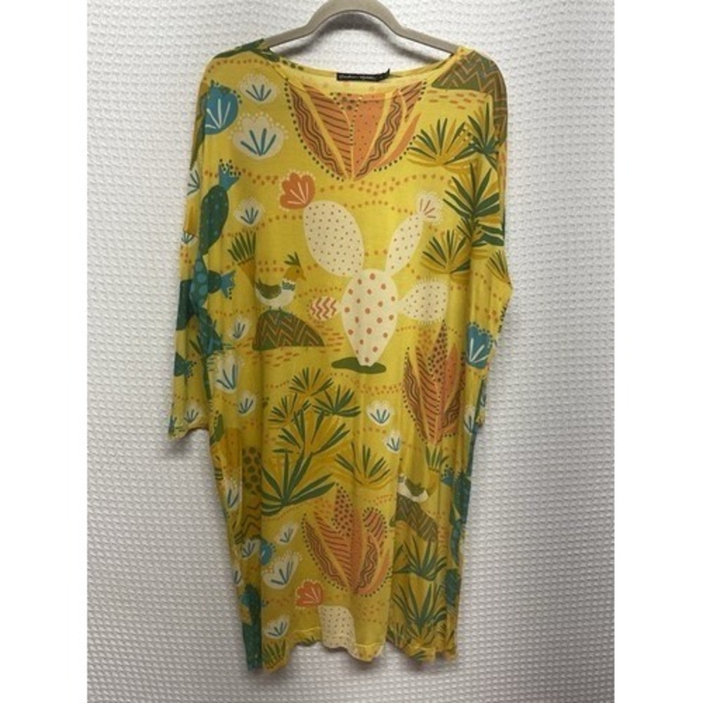 NWOT Gudrun Yellow Bird Cactus Print Sjoden Midi Tunic Dress Women L Bulgaria